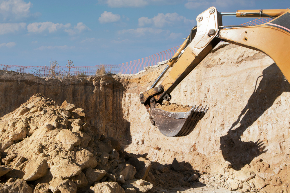 Excavator bucket digging into a sandy trench at a construction site, with piled soil and blue sky beyond.