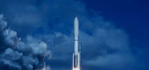 Rocket lifting off from a launch pad, blue sky and dramatic white exhaust plumes behind it