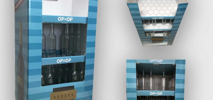 Blue striped wine display stand with open shelves showing empty and partially filled bottles and a 'OP=OP' label at the front edge, brand Vuelta Rioja red wine poster on top left.
