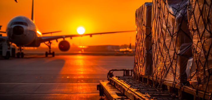 Airplane on the tarmac at sunset with cargo pallets wrapped in plastic in the foreground.