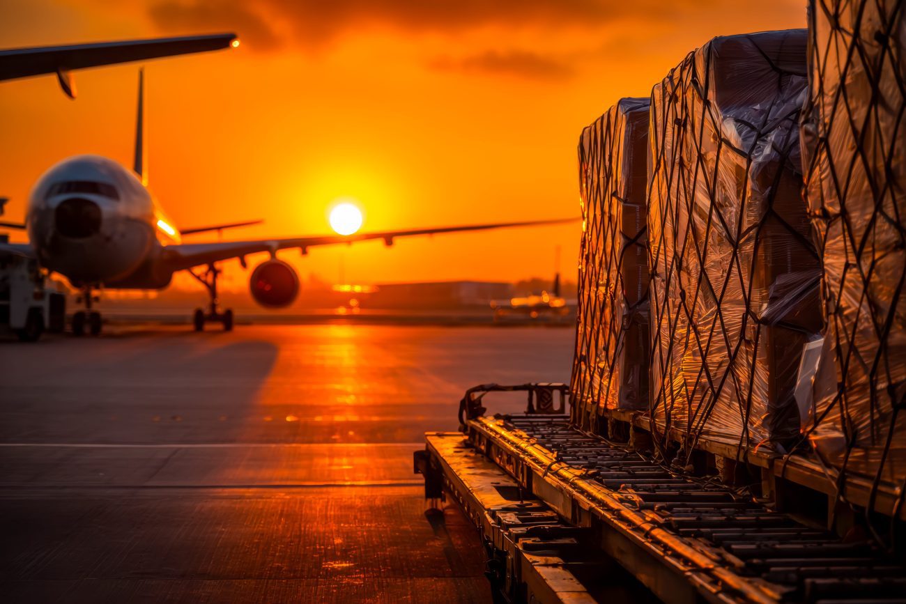 Airplane on the tarmac at sunset with cargo pallets wrapped in plastic in the foreground.