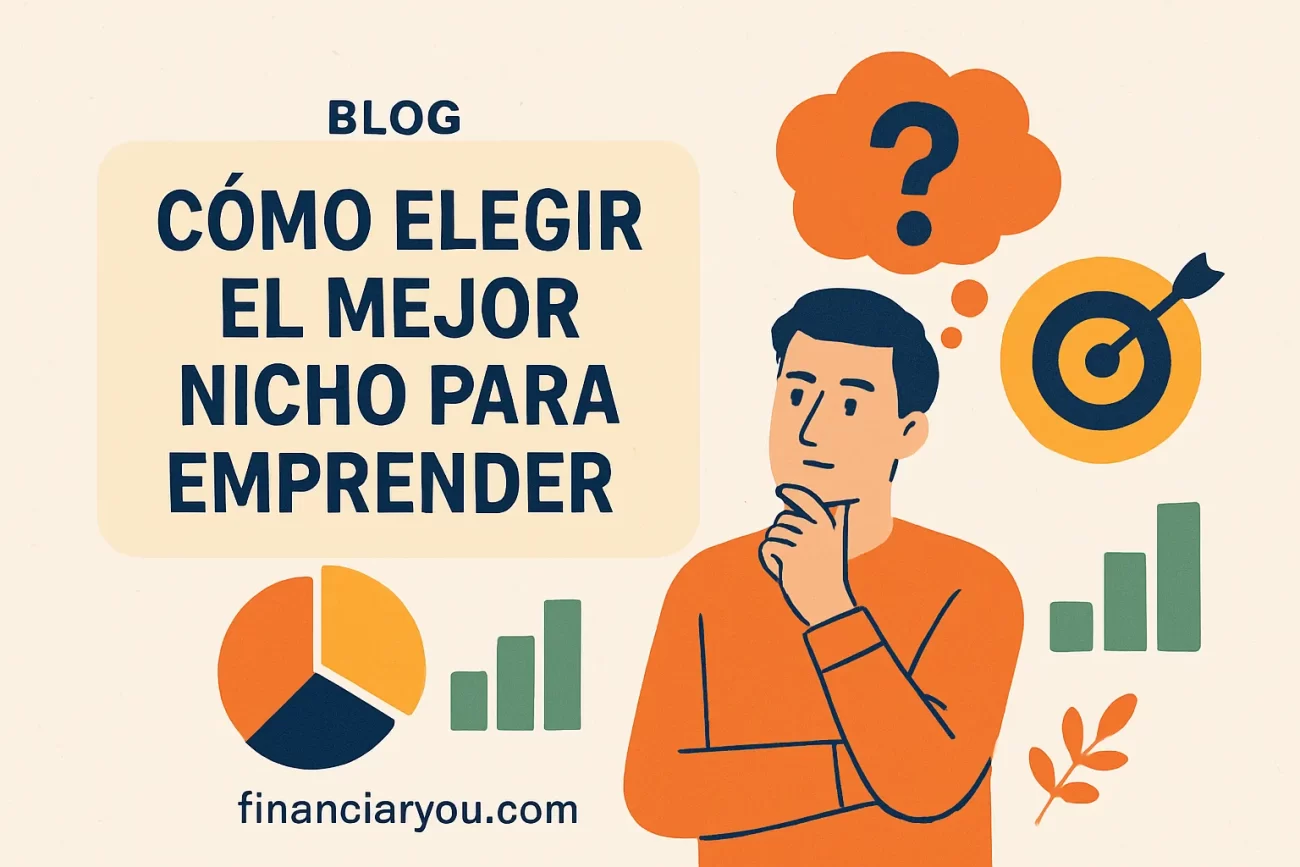 Blog header: 'CÓMO ELEGIR EL MEJOR NICHO PARA EMPRENDER' junto a ilustraciones de un pensador y gráficos, con el dominio financiaryou.com/blo g style editorial.