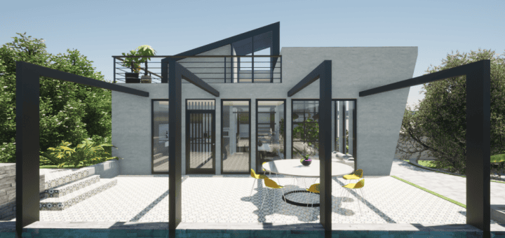 Modern grey house with large glass doors, black steel pergolas, and a tiled patio overlooking a pool with yellow chairs around a round table.