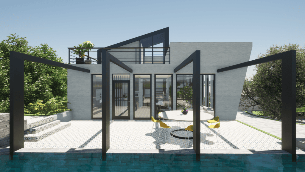 778524 - The WOW Designers | Negocios10.Com Modern grey house with large glass doors, black steel pergolas, and a tiled patio overlooking a pool with yellow chairs around a round table.
