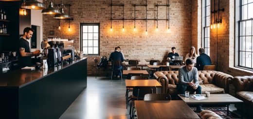 Industrial-style cafe interior with brick walls, pendant lights, and patrons working at wooden tables; barista at a black counter on the left.