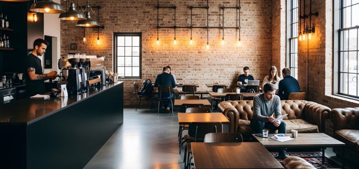 Industrial-style cafe interior with brick walls, pendant lights, and patrons working at wooden tables; barista at a black counter on the left.