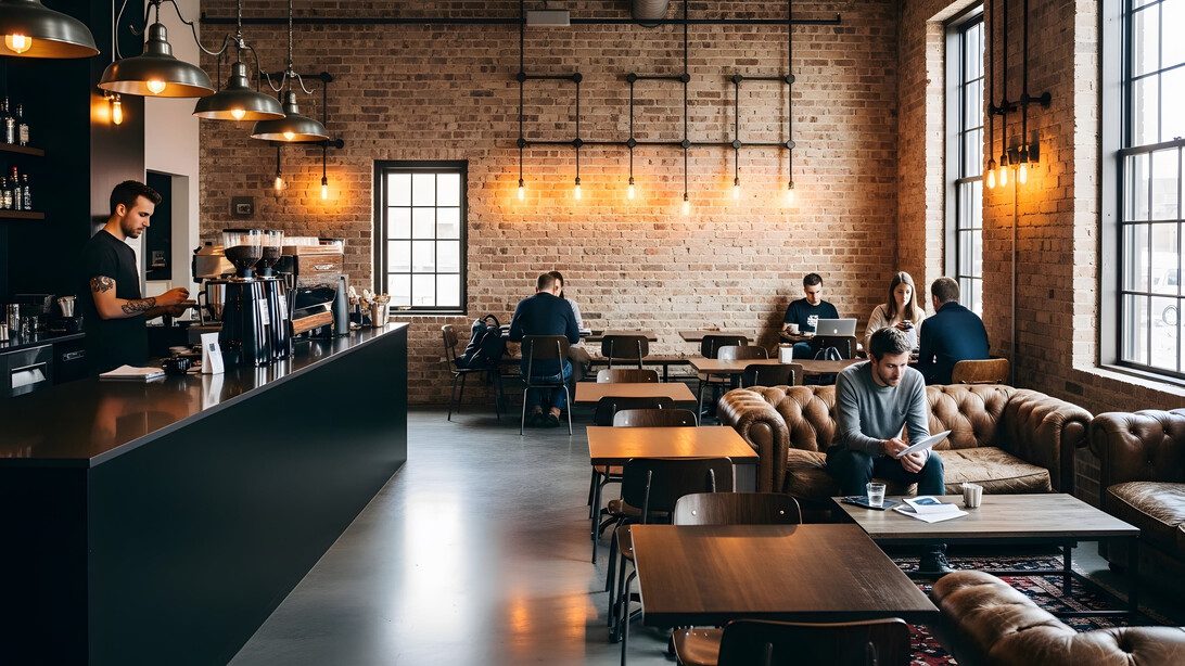 Group of business people having a meeting in a modern coffee shop | Negocios10.Com Industrial-style cafe interior with brick walls, pendant lights, and patrons working at wooden tables; barista at a black counter on the left.