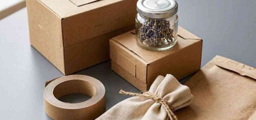 Eco-friendly shipping kit on a gray table: cardboard boxes, tape, a cloth pouch tied with twine, and a jar of lavender.