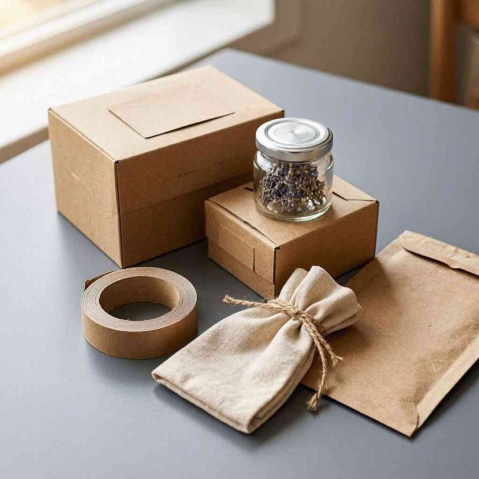 Eco-friendly shipping kit on a gray table: cardboard boxes, tape, a cloth pouch tied with twine, and a jar of lavender.