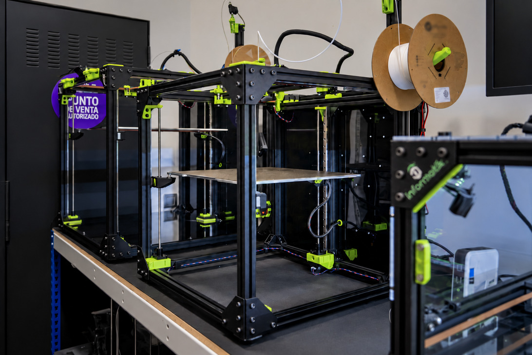 Lab 3D printer inside a black frame with neon-green components and spool holders on top.